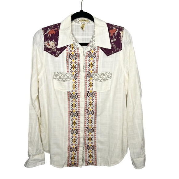 BKE / cream red western style boho printed button up shirt / S - Picture 1 of 7